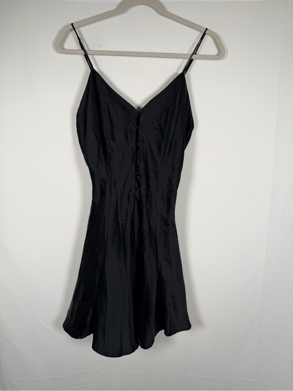 Frederick's of Hollywood Black Satin Button Detail Mini Slip Dress